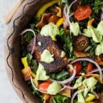 Paleo BLT Salmon Salad topped with a delicious creamy Avocado Dressing. The perfect light healthy dinner recipe that comes together in less than 30 minutes!