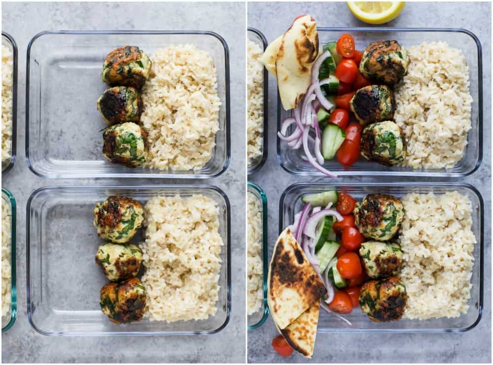 Process of making meal prep containers of Gyro Turkey Meatball Grain Bowls with rice, vegetables, and pita bread