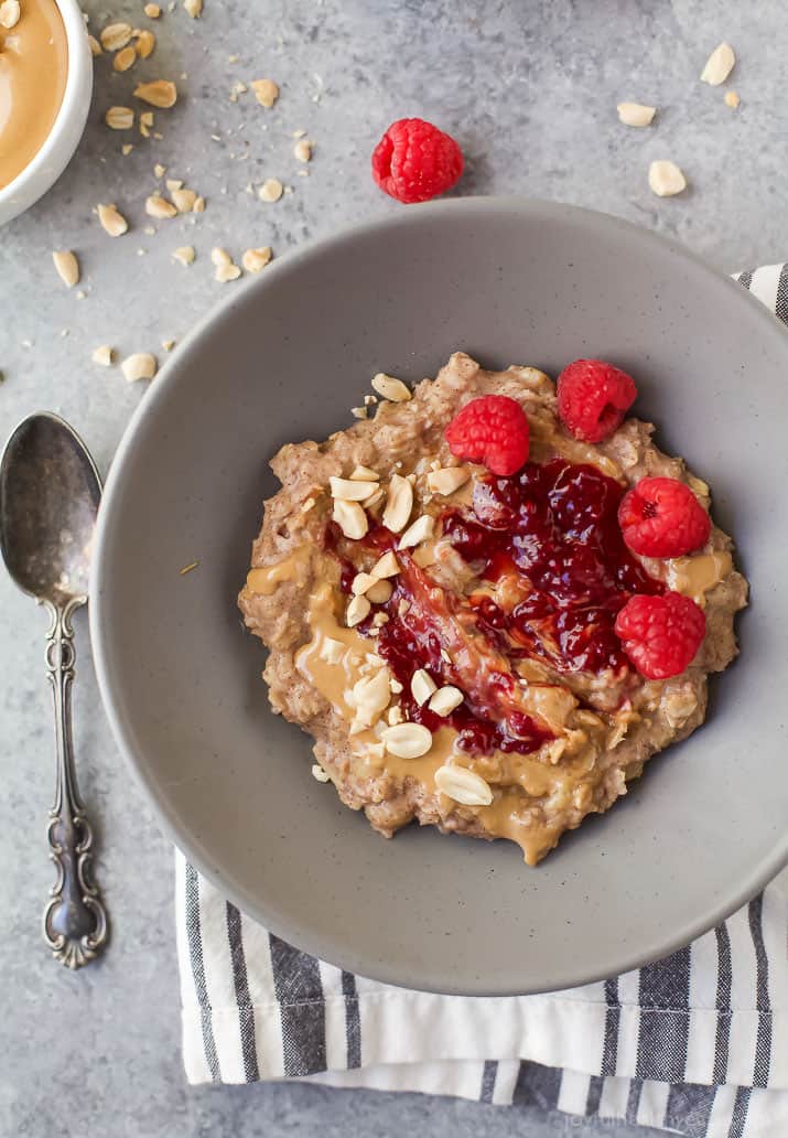 Top view of a bowl of Peanut Butter & Jelly Oatmeal