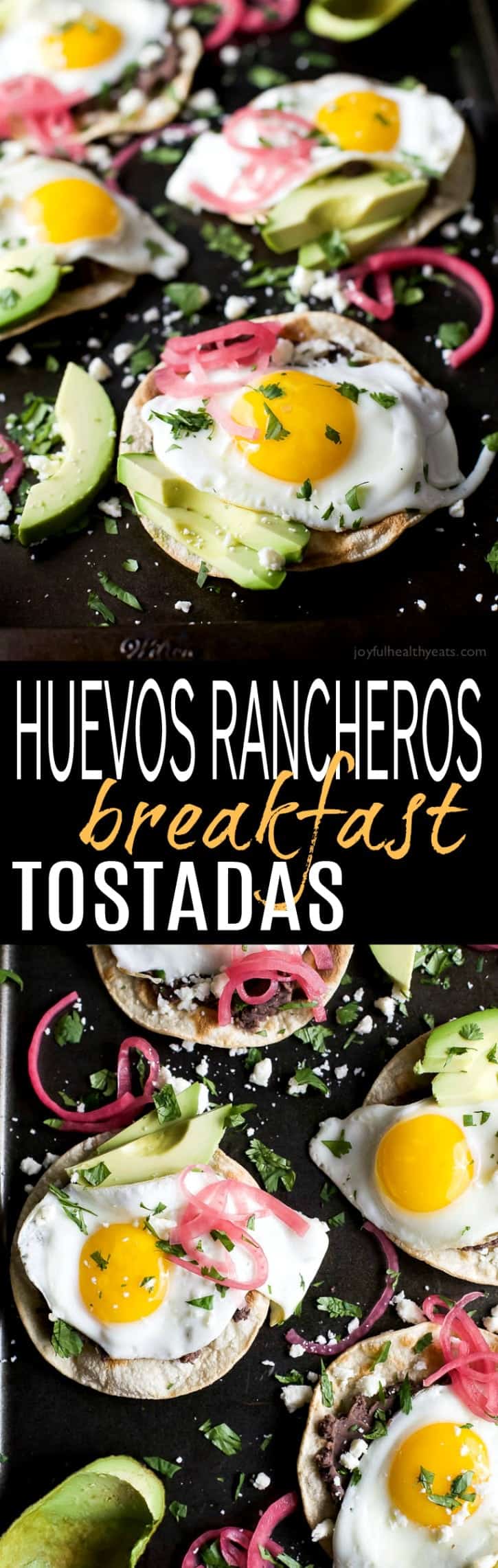 Healthy Huevos Rancheros Breakfast Tostadas topped with creamy avocado and pickled onions. These breakfast tostadas are a delicious breakfast option that are high in protein and fiber with only 292 calories a serving!