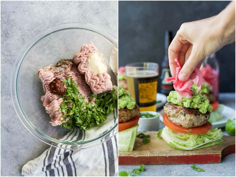 Healthy Paleo Chipotle Turkey Burgers filled with tex-mex flavor then topped with zesty guacamole and pickled onions. These Turkey Burgers are low carb, high in protein, done in 30 minutes and guaranteed to be a favorite!
