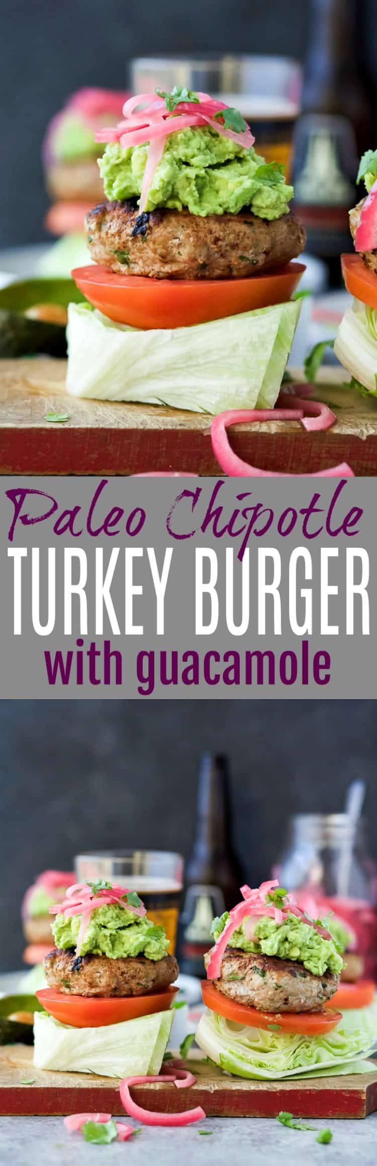 Healthy Paleo Chipotle Turkey Burgers filled with tex-mex flavor then topped with zesty guacamole and pickled onions. These Turkey Burgers are low carb, high in protein, done in 30 minutes and guaranteed to be a favorite!