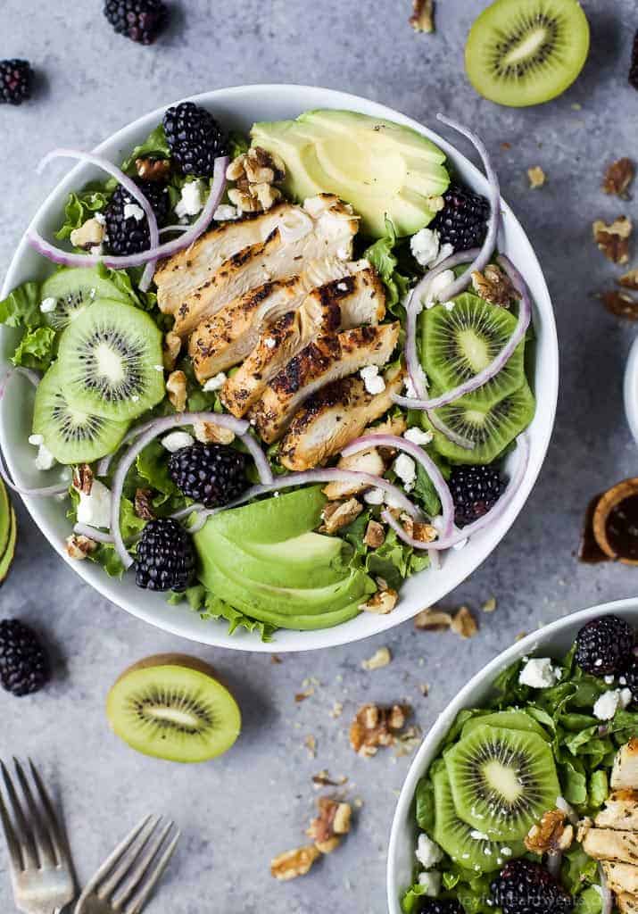 Blackberry Kiwi Balsamic Chicken Salad in a bowl