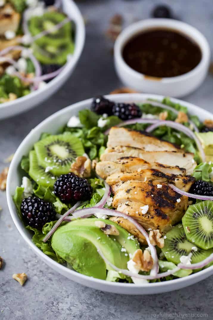 Blackberry Kiwi Balsamic Chicken Salad in a bowl