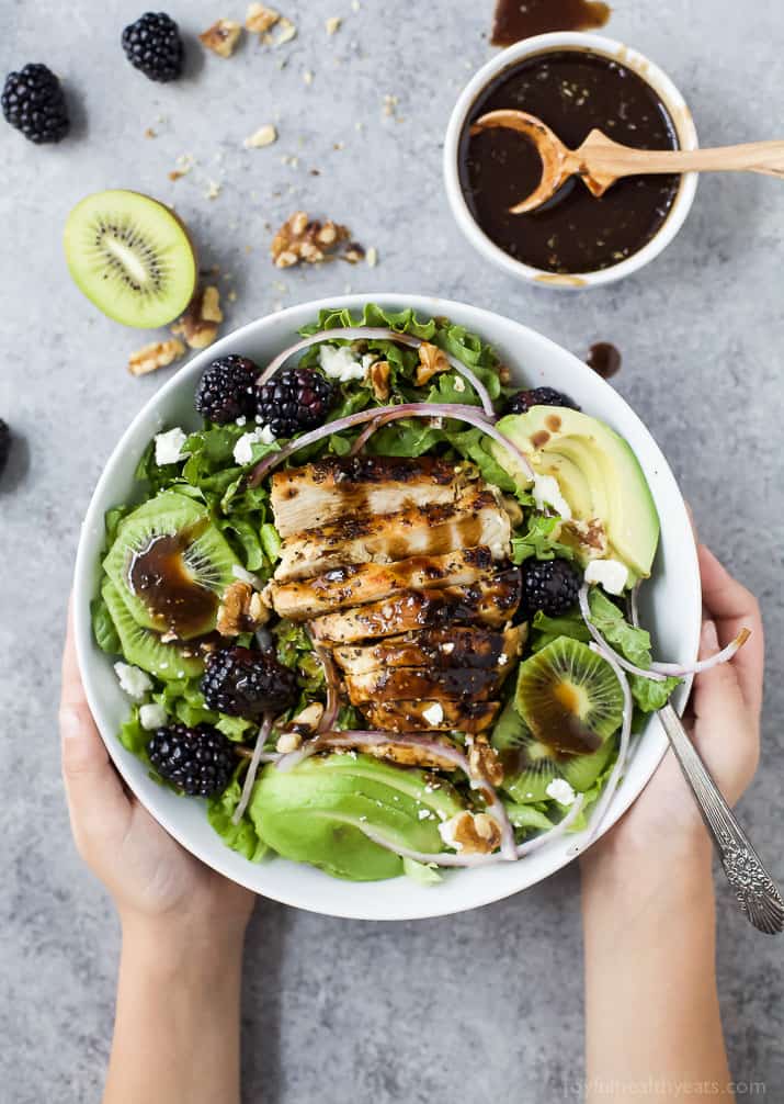 Blackberry Kiwi Balsamic Chicken Salad in a bowl