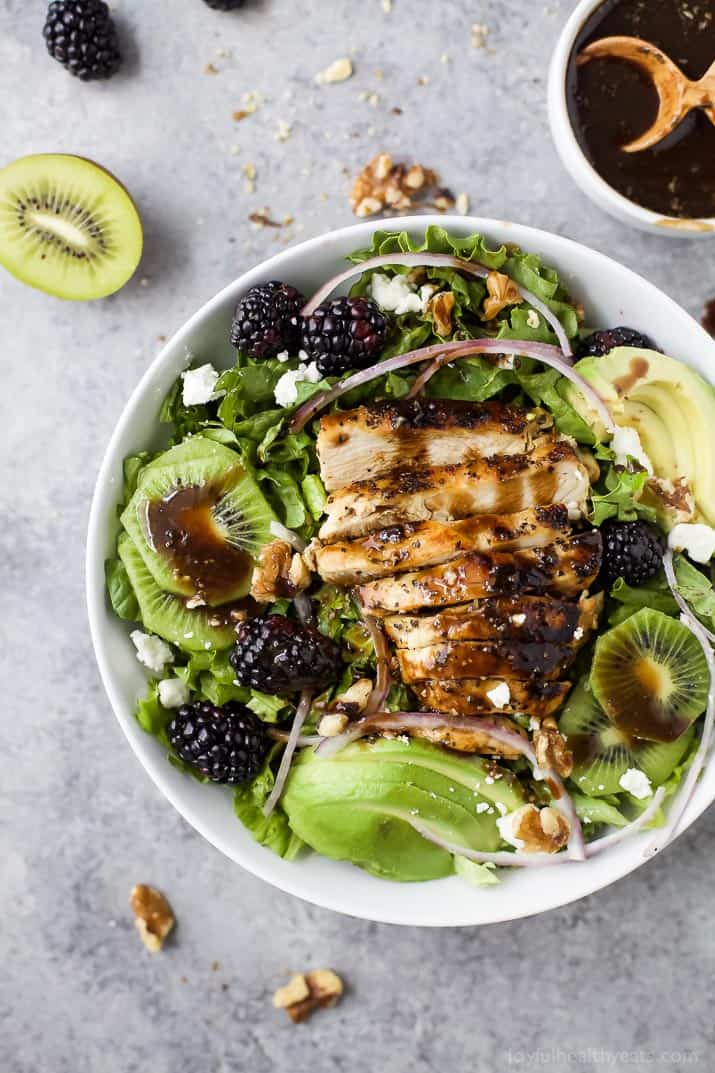 Top view of Blackberry Kiwi Balsamic Chicken Salad in a bowl