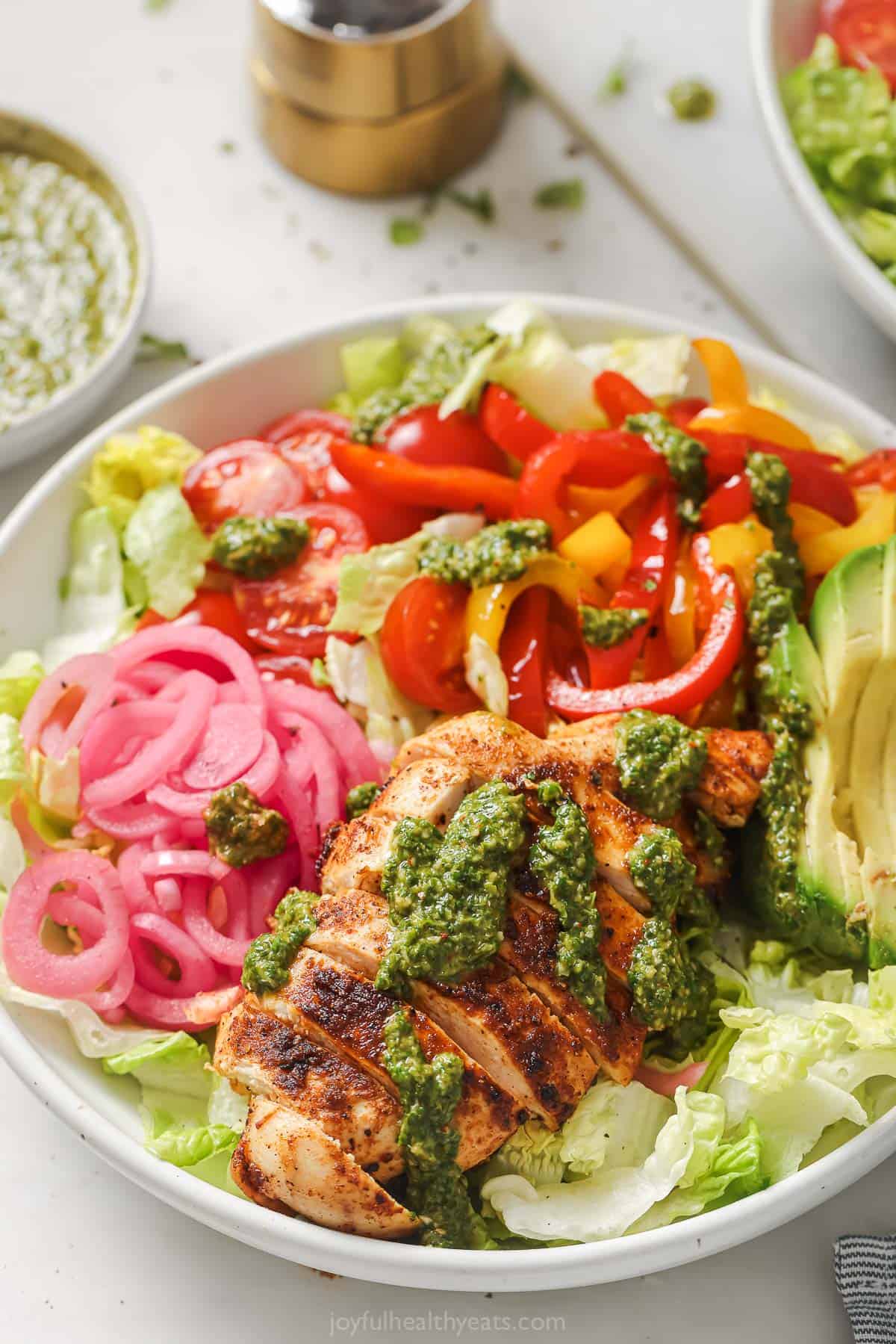 Chicken fajita salad with chimichurri dressing. 