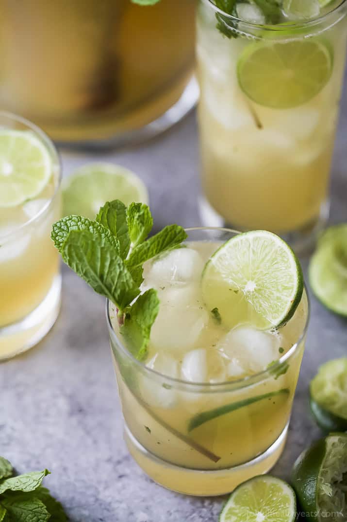 Top view of a glass of Mojito Recipe with mint and lime garnish