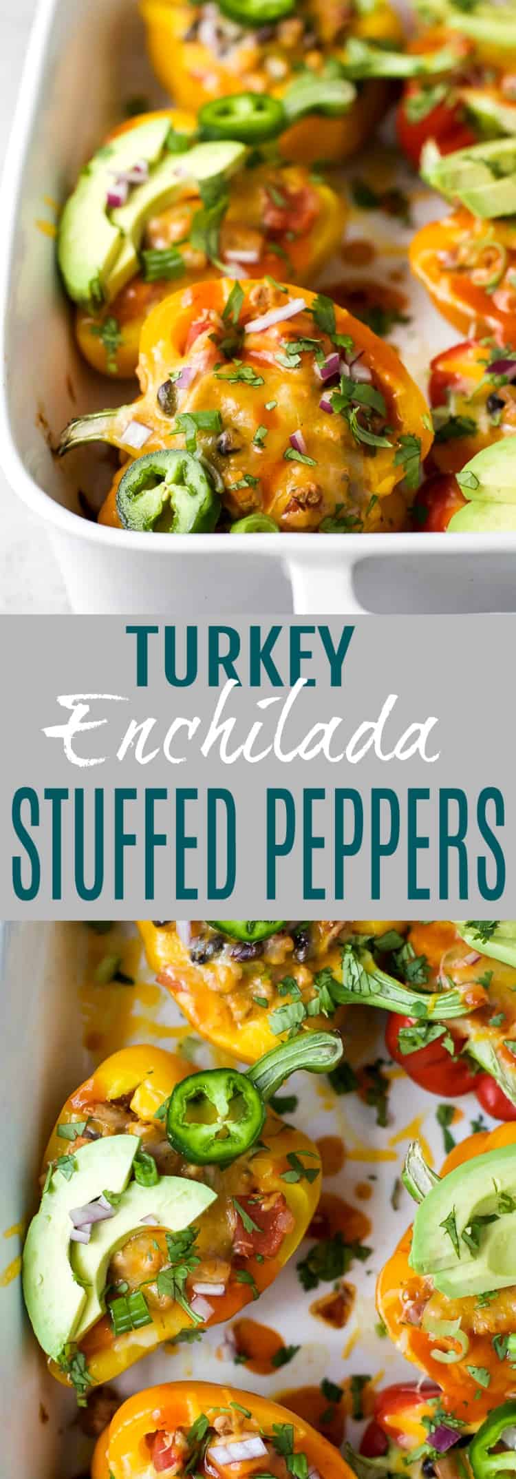 Cheesy Turkey Enchilada Stuffed Peppers filled with tex-mex flavor and covered in melty cheese. These gluten free Stuffed Peppers make an absolutely delicious healthy weeknight dinner for the family.