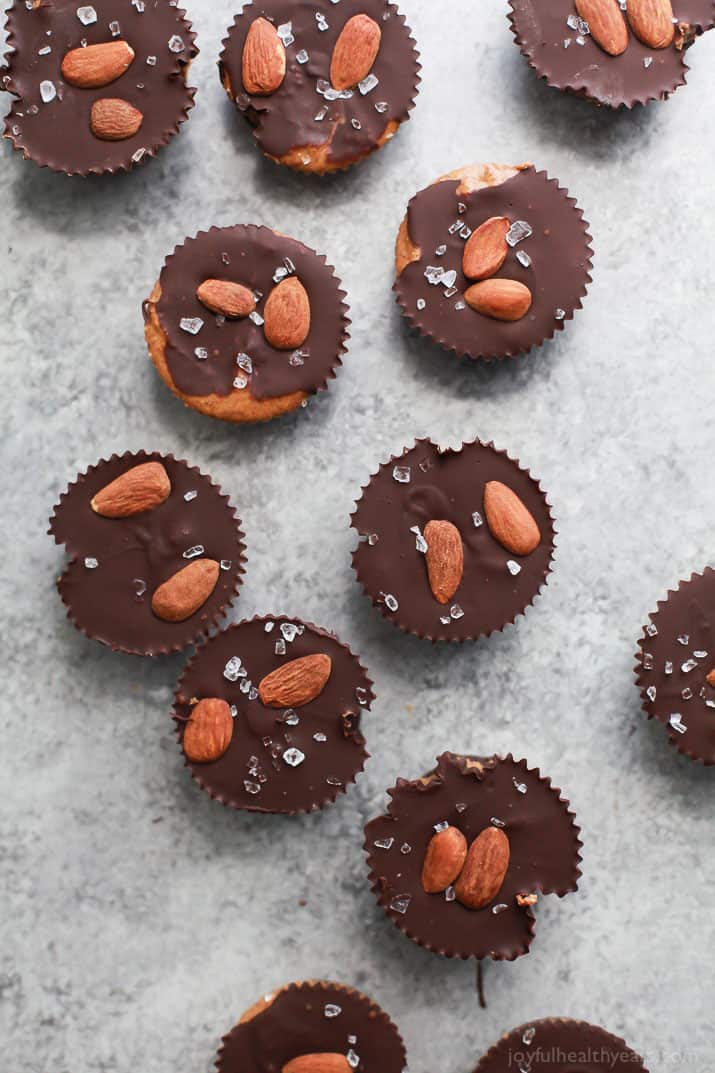 These 5 ingredient Vegan Almond Butter Cups are easy to make and a delicious healthy version of the popular candy! Creamy almond butter smooshed in between two layers of dark chocolate, can't get any better than that! 