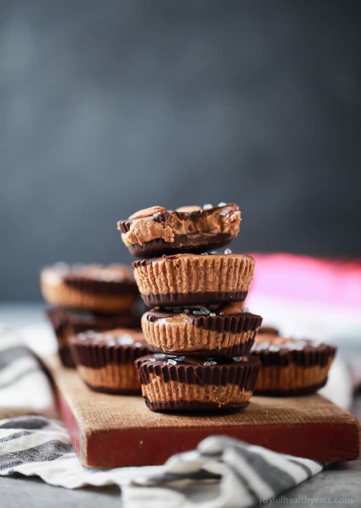 These 5 ingredient Vegan Almond Butter Cups are easy to make and a delicious healthy version of the popular candy! Creamy almond butter smooshed in between two layers of dark chocolate, can't get any better than that! 