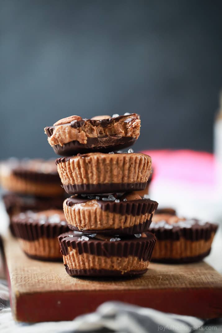 These 5 ingredient Vegan Almond Butter Cups are easy to make and a delicious healthy version of the popular candy! Creamy almond butter smooshed in between two layers of dark chocolate, can't get any better than that! 