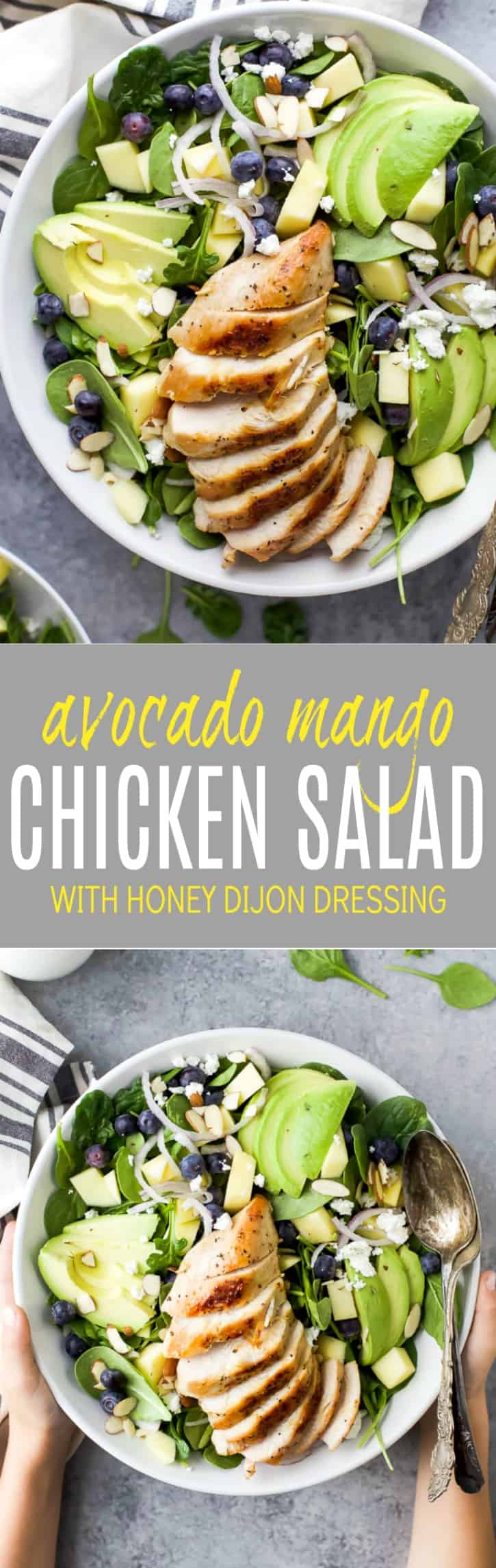 Pinterest image for Avocado Mango Chicken Salad with Honey Dijon Dressing