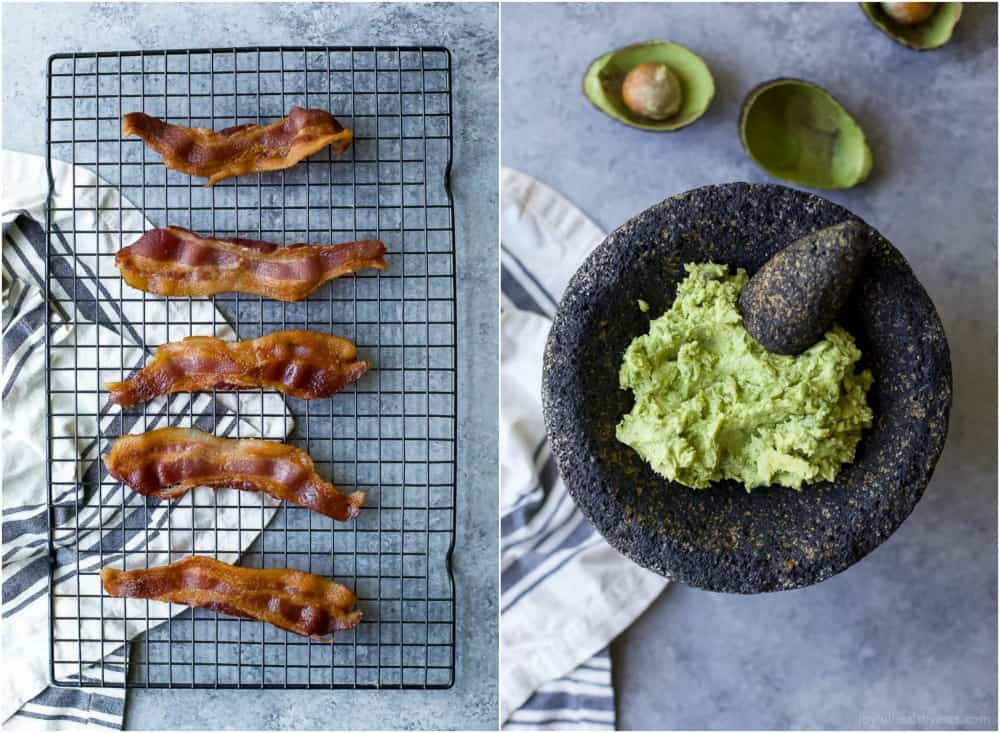 Bacon strips on a cooling rack and a bowl of mashed avocado