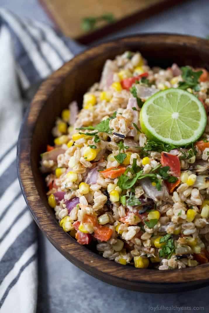 Farro Salad filled with Char Grilled Corn, Roasted Red Pepper and creamy goat cheese