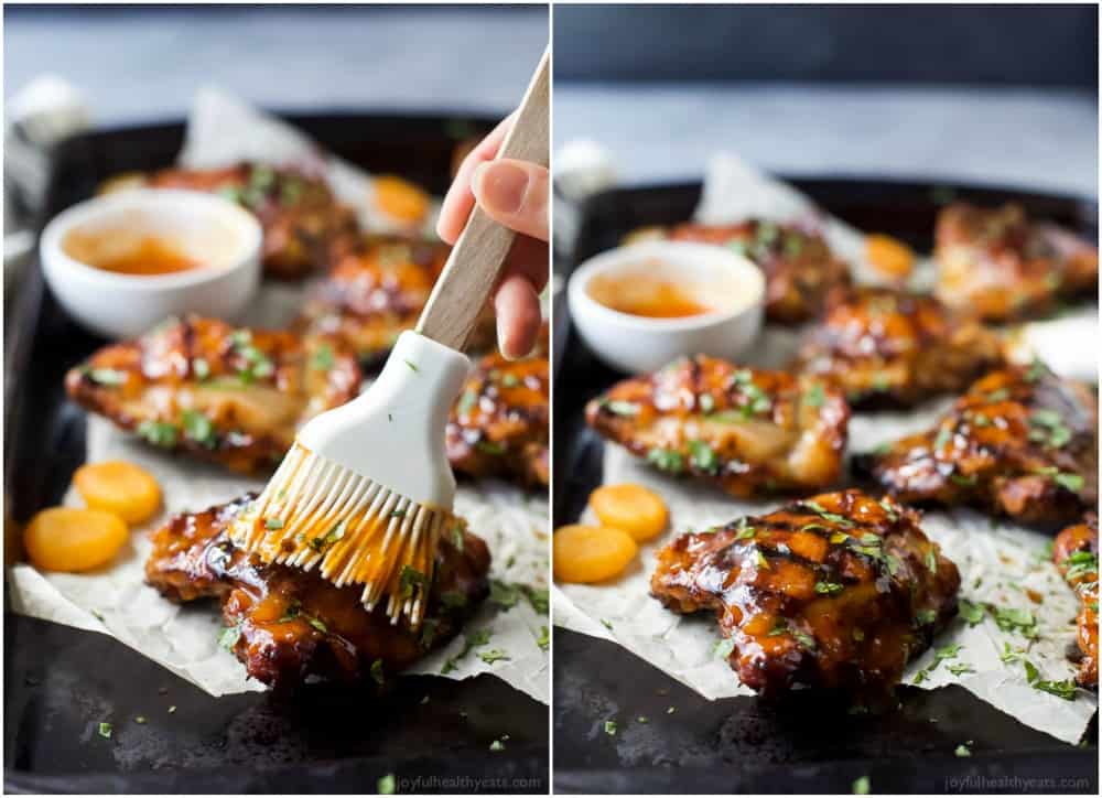 Chipotle Apricot Grilled Chicken thighs being brushed with apricot sauce