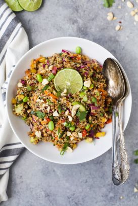 spicy thai quinoa salad served cold in a bowl