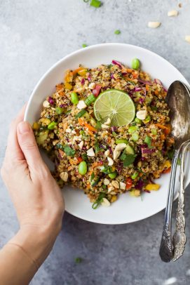 This Gluten Free Crunchy Thai Quinoa Salad is loaded with veggies then tossed with a Light Sesame Dressing. It's high in protein, fiber and flavor and guaranteed to become a favorite around your house! The perfect side to bring to that next party!
