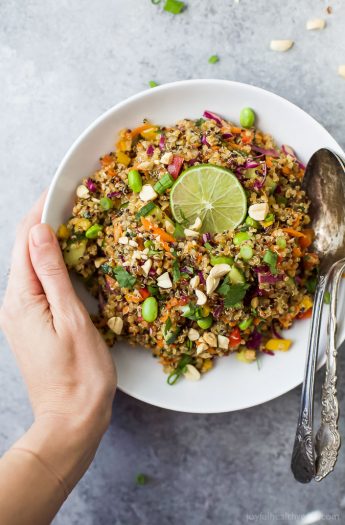 This Gluten Free Crunchy Thai Quinoa Salad is loaded with veggies then tossed with a Light Sesame Dressing. It's high in protein, fiber and flavor and guaranteed to become a favorite around your house! The perfect side to bring to that next party!