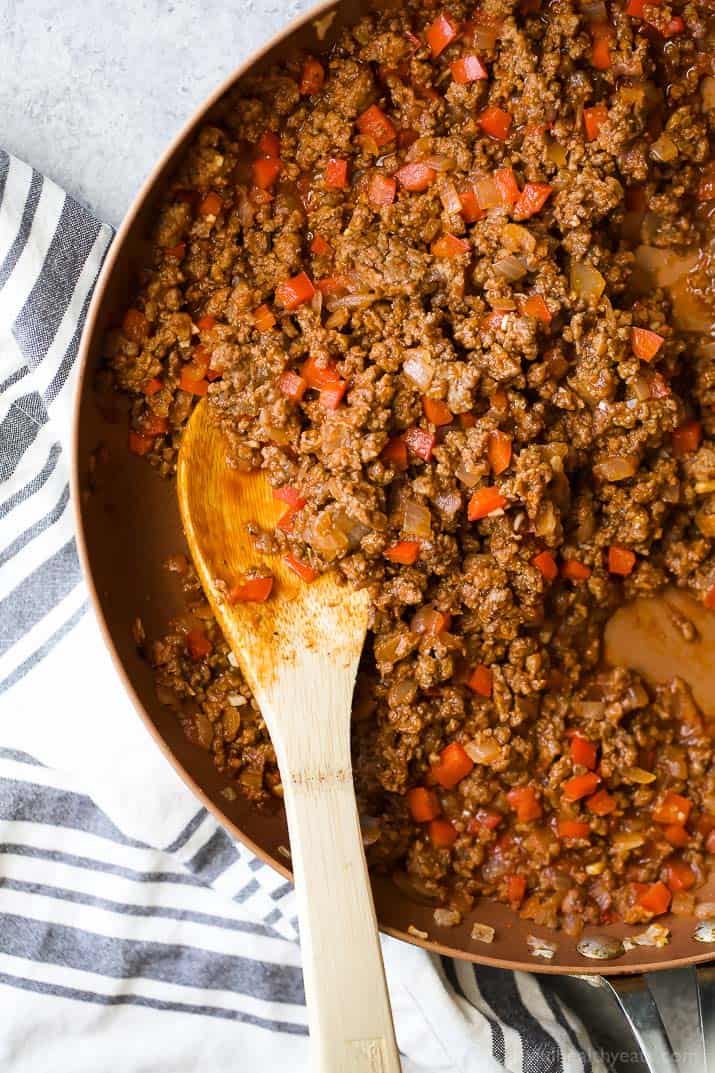 Ground meat mixture in a skillet for Deconstructed Stuffed Pepper Bowl