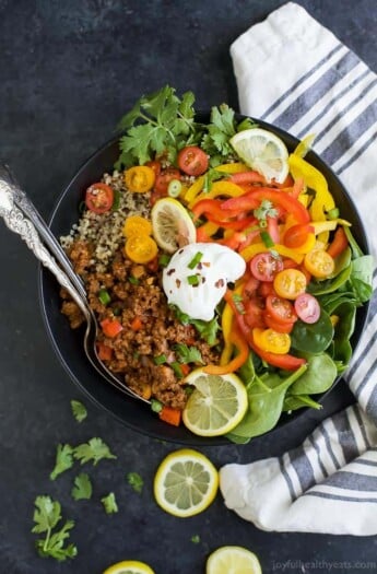 Deconstructed Stuffed Bell Pepper Bowl a delicious family style gluten free recipe the family will love! Easy to make, high in nutrients, delicious and perfectly satisfying.