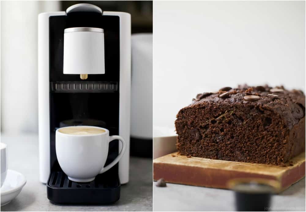 This tender chocolate zucchini bread recipe with maple syrup, applesauce, and dark chocolate chips will be your new favorite breakfast. Photo collage with a cup of coffee to the left and the chocolate loaf to the right.