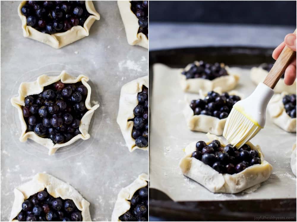 Collage of unbaked Fresh Mini Blueberry Galettes on a baking sheet