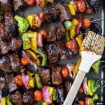 Grilled Balsamic Beef Kabobs an easy flavorful dinner recipe perfect for grilling season! These Beef Kabobs are loaded with flavorful steak and veggies then glazed with a sweet balsamic marinade! #ad #grillingrecipes #glutenfree