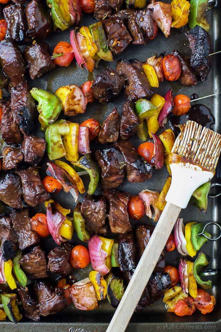 Grilled Balsamic Beef Kabobs an easy flavorful dinner recipe perfect for grilling season! These Beef Kabobs are loaded with flavorful steak and veggies then glazed with a sweet balsamic marinade! #ad #grillingrecipes #glutenfree