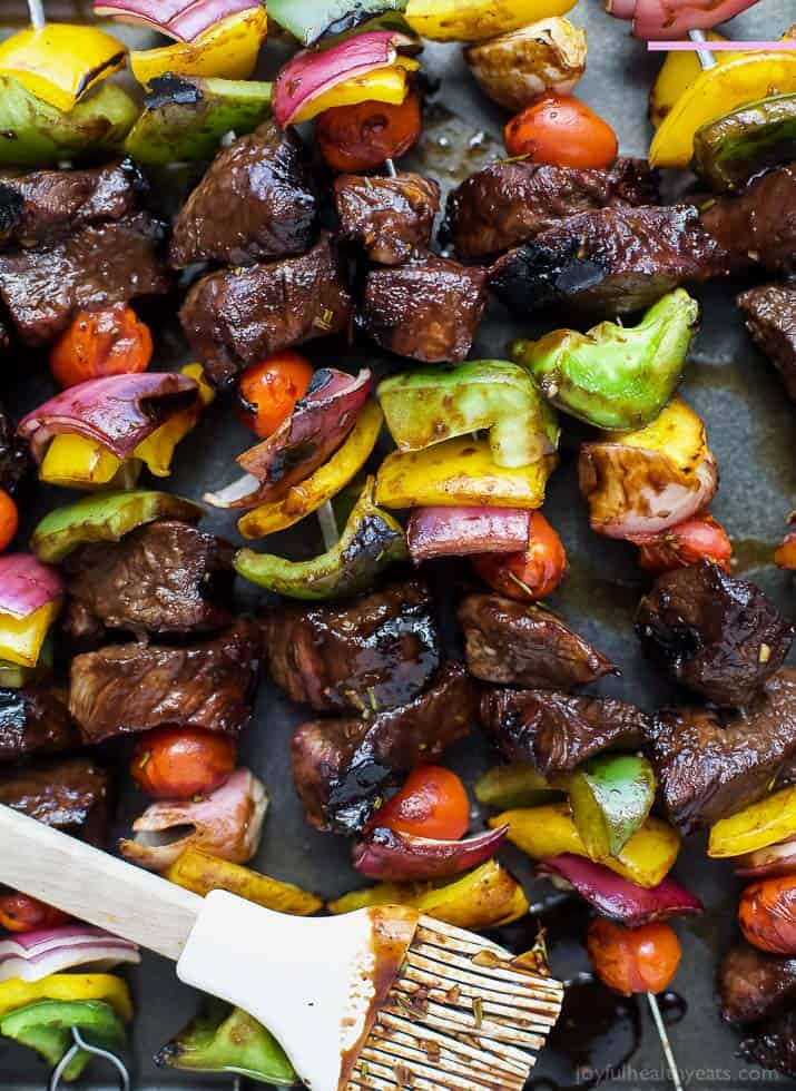 Top view of Beef Kabobs on skewers