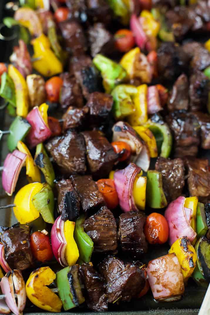 Close-up view of Steak Kabobs on skewers