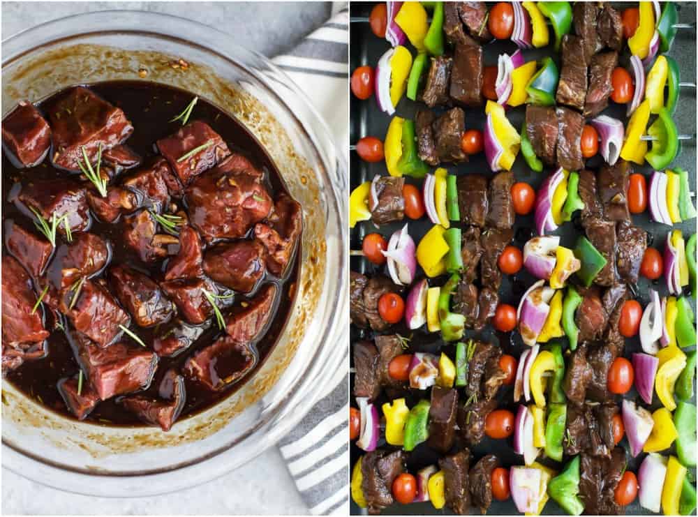 Collage of Beef chunks in a bowl of marinade and uncooked Beef Kabobs on skewers