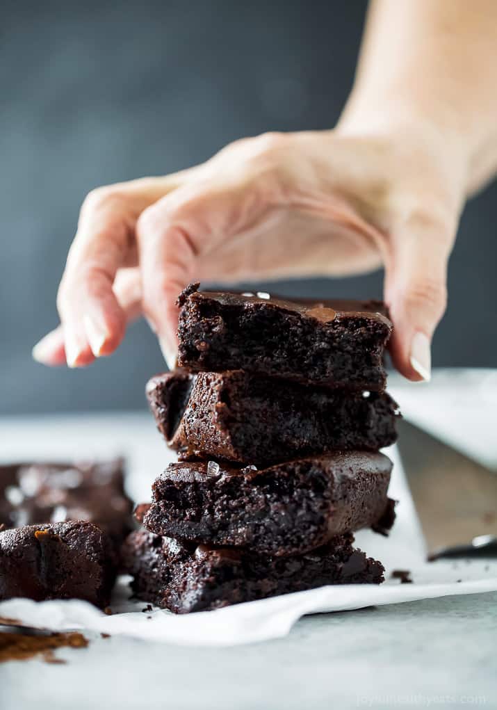 A stack of almond butter fudgy brownies