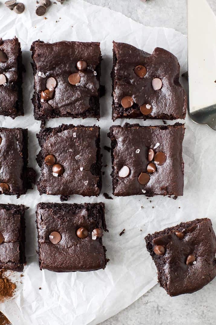 Top view of a batch of almond butter brownies cut into squares