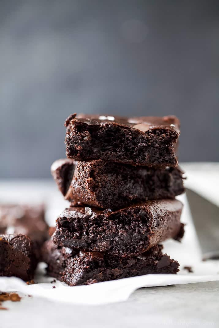 A stack of fudgy almond butter brownies