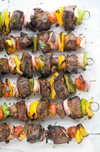 Juicy beef kabobs with fresh summer veggies.