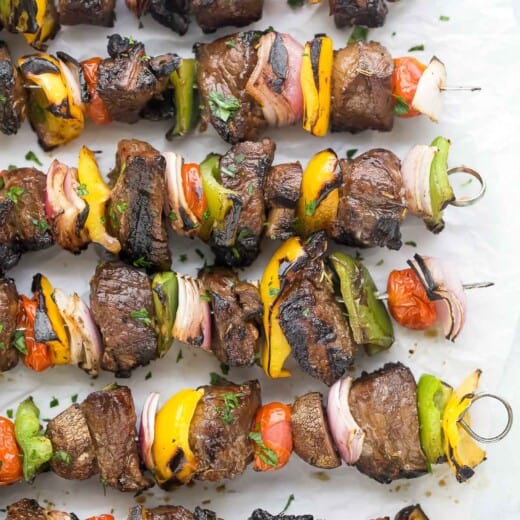 Juicy beef kabobs with fresh summer veggies.