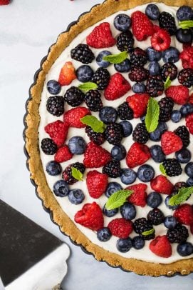 berry tart with almond crust and cream cheese filling