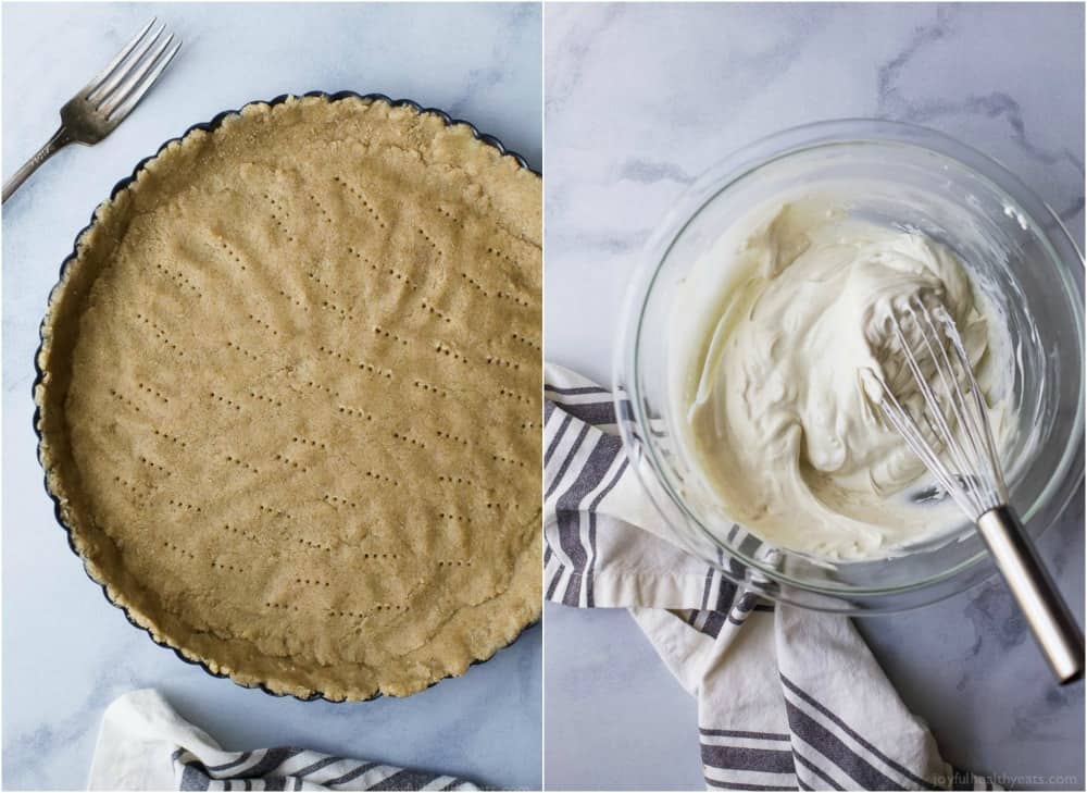 Images of a tart crust and a bowl of greek yogurt cheesecake filling