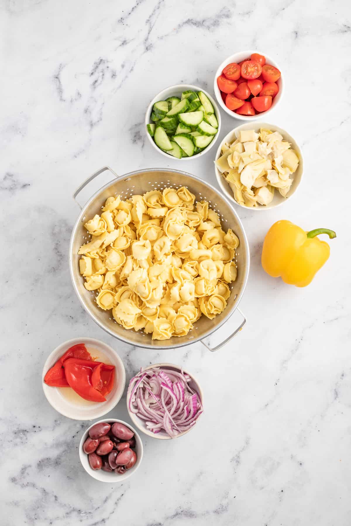 Ingredients for the Greek pasta salad.