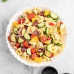 Bowl of Greek pasta salad.