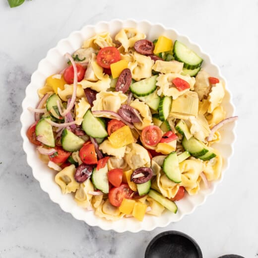 Bowl of Greek pasta salad.