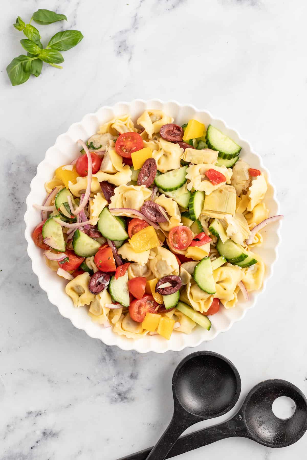 Bowl of Greek pasta salad.