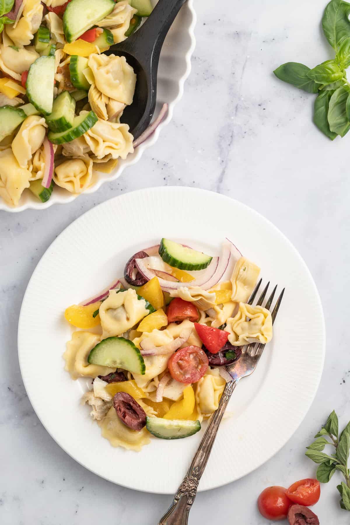 Plate of pasta salad with salad bowl on the side.