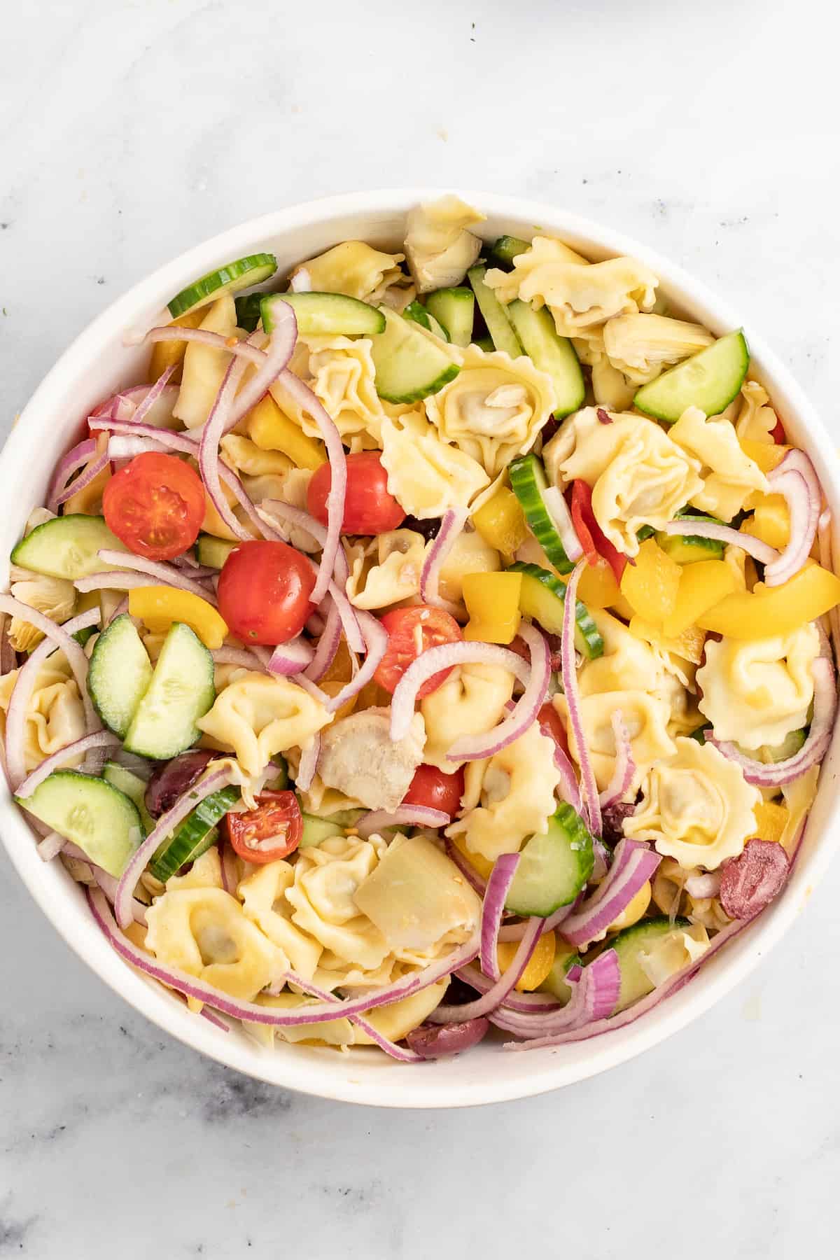 Bowl of chilled pasta salad.