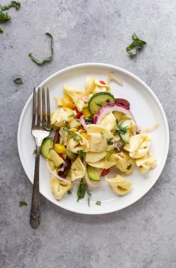 Easy 30 Minute Greek Tortellini Salad tossed with mediterranean veggies and a homemade greek vinaigrette for a lighter healthier taste. This Tortellini Pasta Salad is guaranteed to be the star at your summer BBQ's.