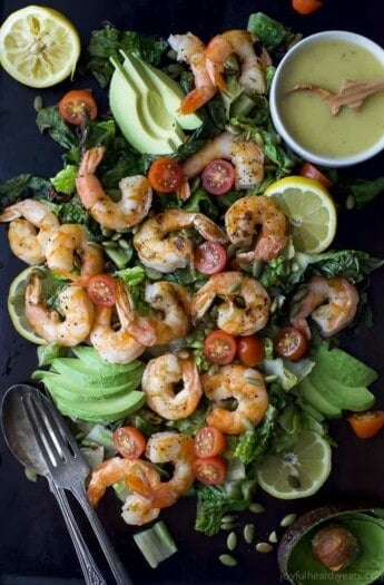 A quick 15 minute Grilled Shrimp Caesar Salad with a homemade egg and anchovy free caesar dressing! This Grilled Salad is light, refreshing and perfect for the summer!