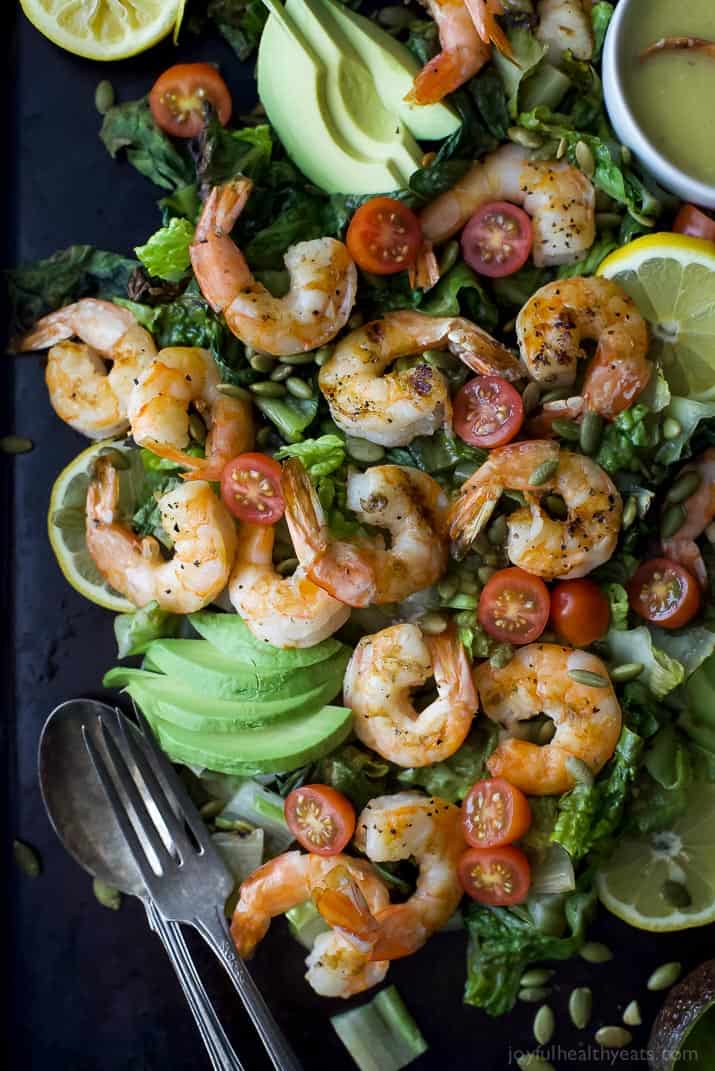 Top view of Grilled Shrimp Caesar Salad