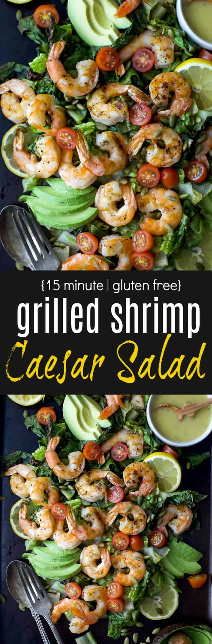 Recipe collage for 15 minute Grilled Shrimp Caesar Salad