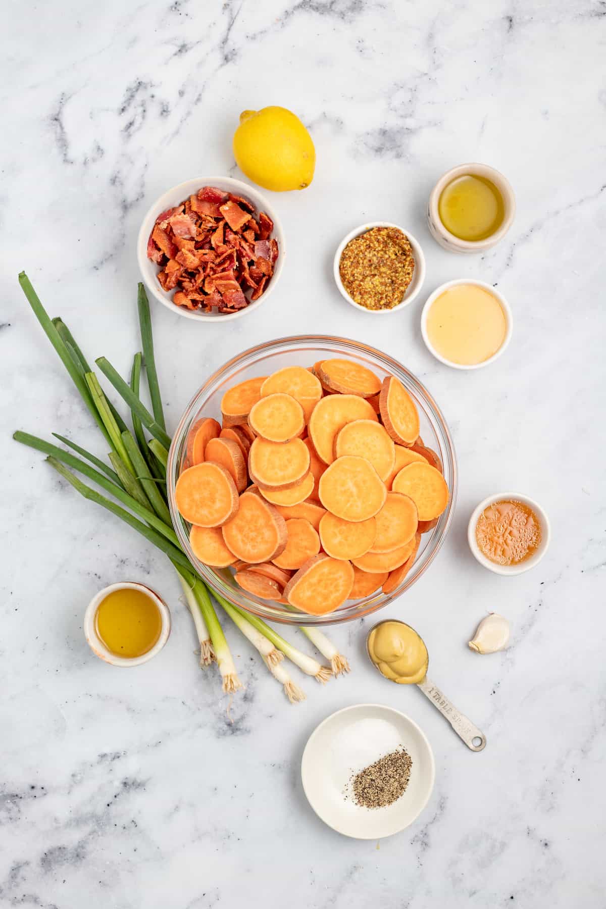 This 30-minute grilled sweet potato salad with bacon and honey mustard dressing is an easy side you'll be making on repeat this summer. Ingredients for grilled sweet potato salad.